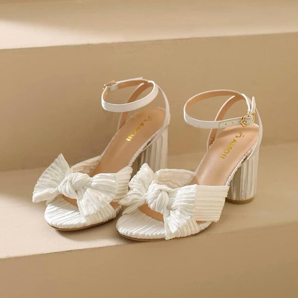 🆕Women White Ankle Strap Bowknot Chunky Wedding Party Dress Shoes Heeled Sandal - Picture 6 of 8